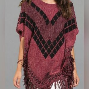 Vertigo Pullover Fringe Tassle Western Poncho Burgundy & Black Soft High Neck